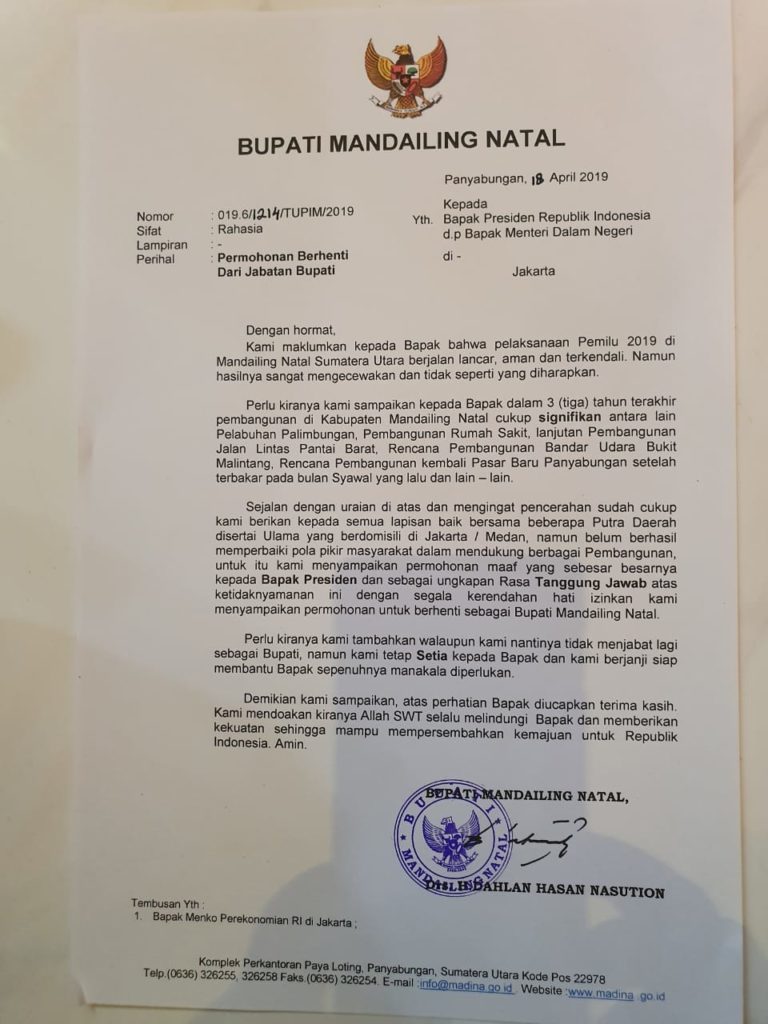 Surat Pengunduran Diri Bupati Madina Ditolak Presiden