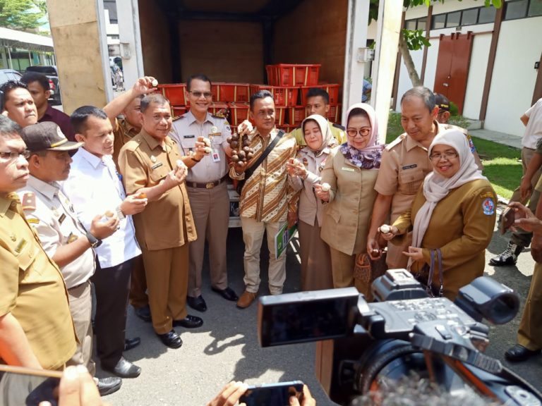 Kepala Barantan Ali Jamil saat melepas salak madu dari Deli Serdang ke Thailand bersama Bupati Deliserdang H. Ashari Tambunan dan Kepala Balai Karantina Pertanian Kelas I Medan Hafni Sahara di Kantor Karantina Pertanian Medan di Kualanamu. (mimbar/budi)