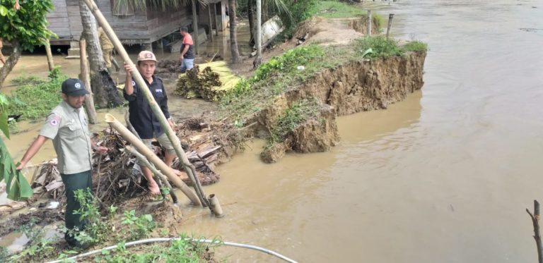 Kepala Pelaksana BPBD Aceh Tamiang, Syahri saat meninjau lokasi tanggul yang jebol di Desa Teluk Halban. (mimbar/burhan)