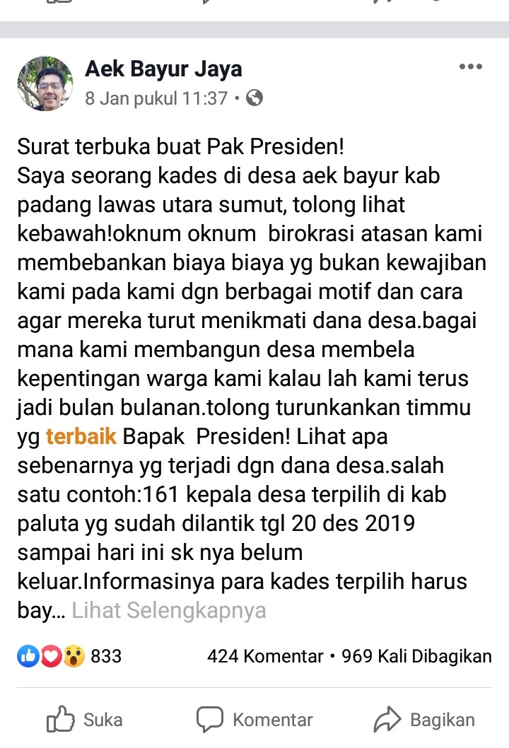 Postingan akun facebook Aek Bayur Jaya. (mimbar/ist)