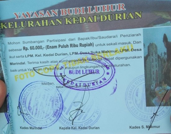 Kuitansi masuk ke Pemakaman Cina yang berada di Kelurahan Kedai Durian, berbatasan dengan Desa Suka Makmur dan Desa Marendal. (mimbar/jepri)