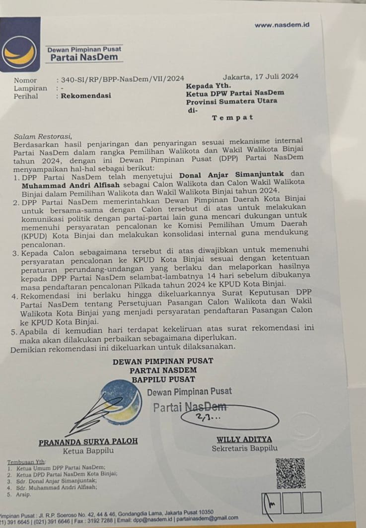 Dr. Donal Anjar Simanjuntak dan  Andri Alfisah Diusung Gerindra & NasDem pada Pilkada Binjai 2024