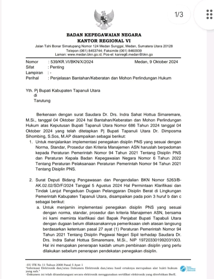 Pj Bupati Dimposma Diduga Permalukan Masyarakat Taput, BKN Kanreg VI Perintahkan  Cabut Surat Pembebasan Tugas Sekda