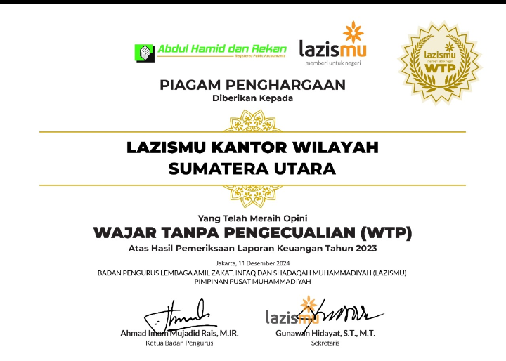 Alhamdulillah, Laporan Keuangan Tahun 2023 Lazismu Sumut dan Lima Daerah Raih Predikat WTP