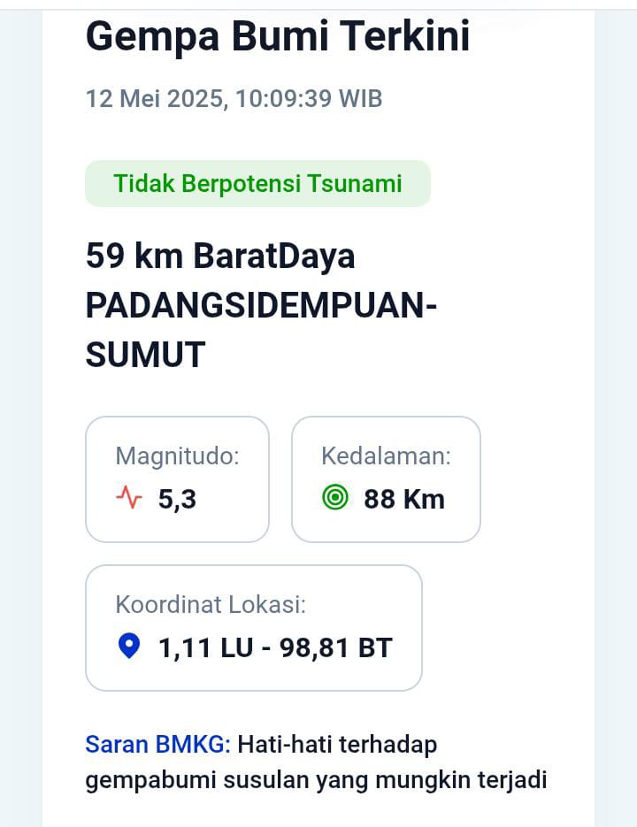 Gempa Magnitudo 5,3 Guncang Kota Padangsidimpuan